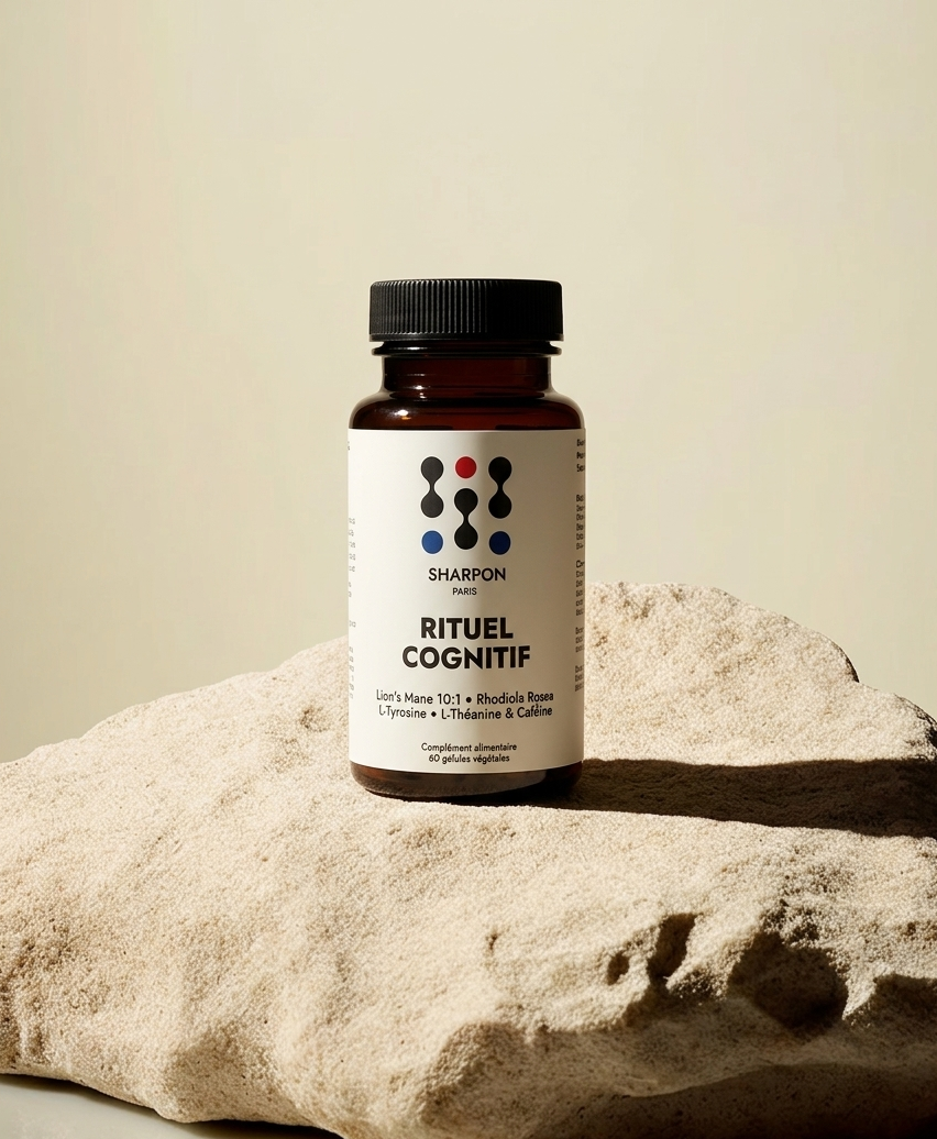 Bottle of sharpon rituel cognitif (nootropic) on a rock with a neutral background