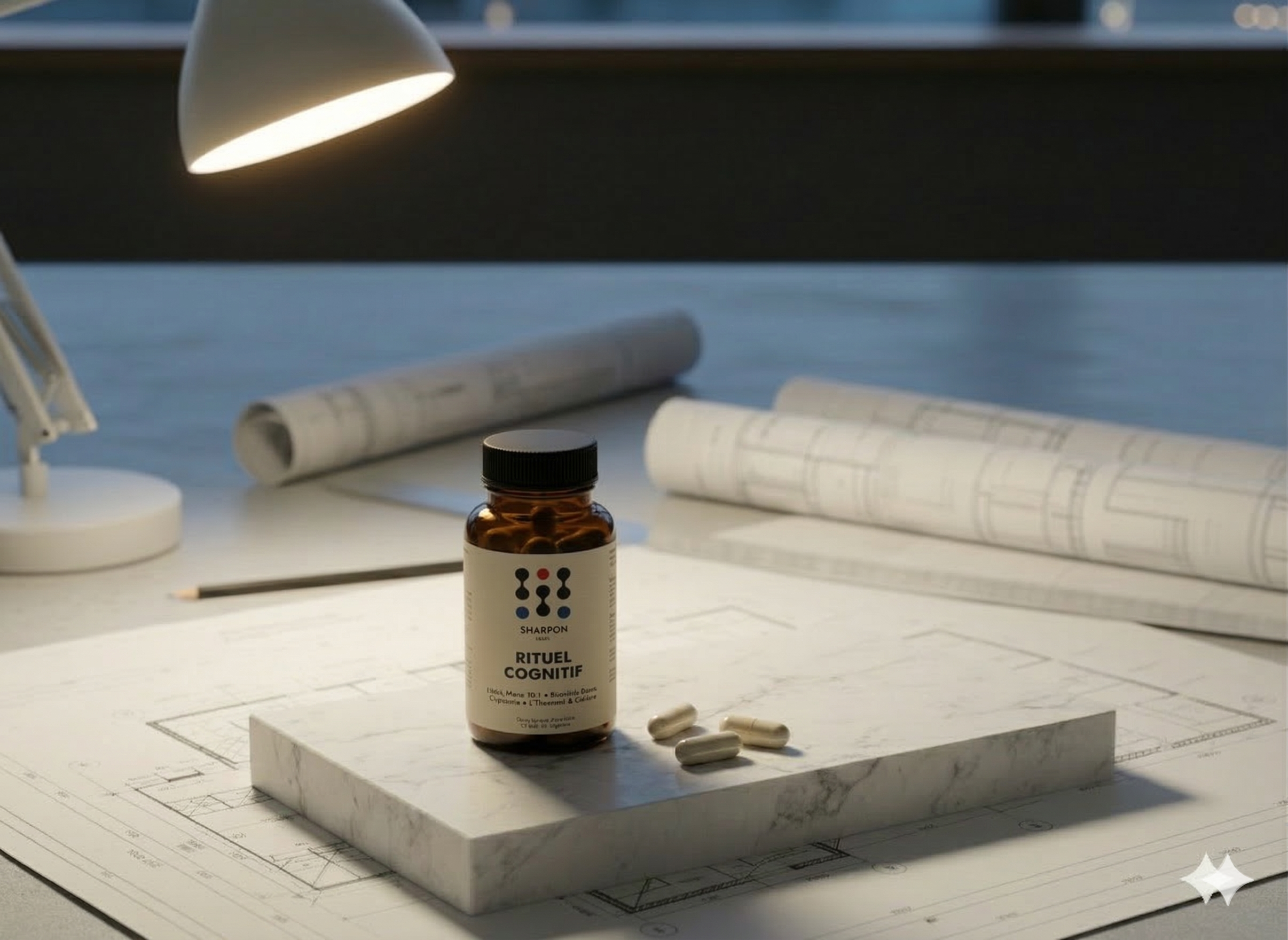 Brown bottle of sharpon nootropic with label on a marble surface near a lamp and rolled-up paper.